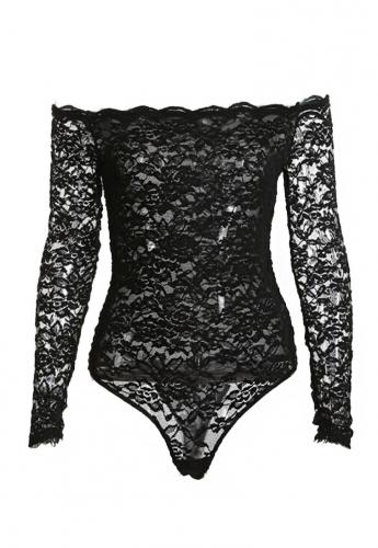 PARIS ALTERNATIF Body transparent en dentelle noire avec manches et paules nues, Sexy Saint Valentin