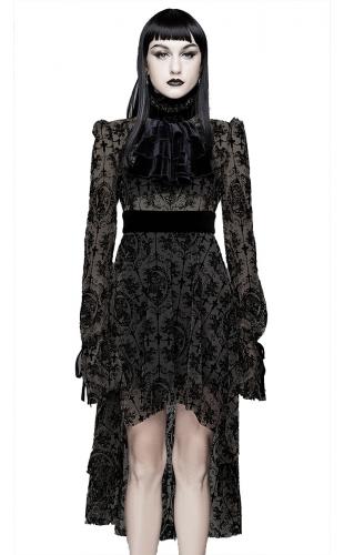 PARIS ALTERNATIF SKT09801 Robe noire  jabot transparente, motifs en velours floqu, gothique lgant