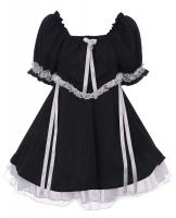 Robe noire courte  haut bouffant, dentelle et noeuds blancs, lolita