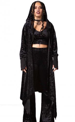 PARIS ALTERNATIF BE GONE VELVET CARDIGAN Veste Cardigan noire longue motif occulte KILLSTAR, goth witch