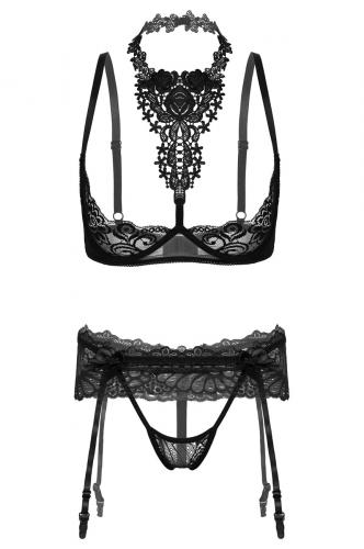 PARIS ALTERNATIF Set lingerie noir en dentelle et broderie, soutien-gorge et porte-jarretelle, sexy