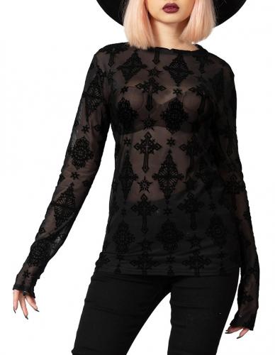 PARIS ALTERNATIF CROSSED MESH LONG SLEEVE TOP Top T-shirt noir transparent motif ancien et longues manches KILLSTAR goth witch