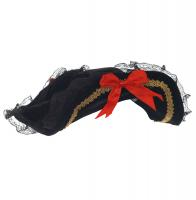 PARIS ALTERNATIF Chapeau de pirate noir avec flot rouge, dentelle noire et bande dore