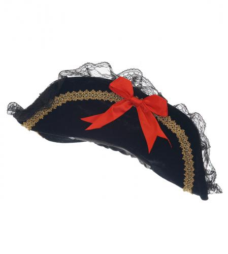 PARIS ALTERNATIF Chapeau de pirate noir avec flot rouge, dentelle noire et bande dore