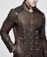 PARIS ALTERNATIF Y-809CO Long brown faux leather coat for men with straps, elegant steampuk Punk Rave Y-809