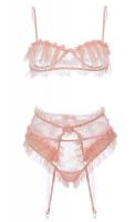 3pcs pink lingerie set with flower, frills and lace, sexy elegant