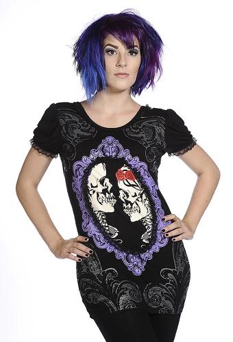 PARIS ALTERNATIF OBN120-BLK Black Top dress with purple cameo with immortal skull lovers, back lace